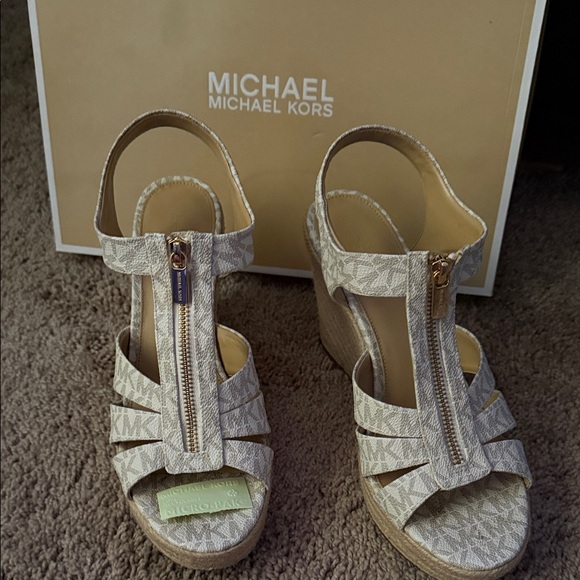 Michael Kors Cream Monogram Wedge Sandals - Picture 1 of 9